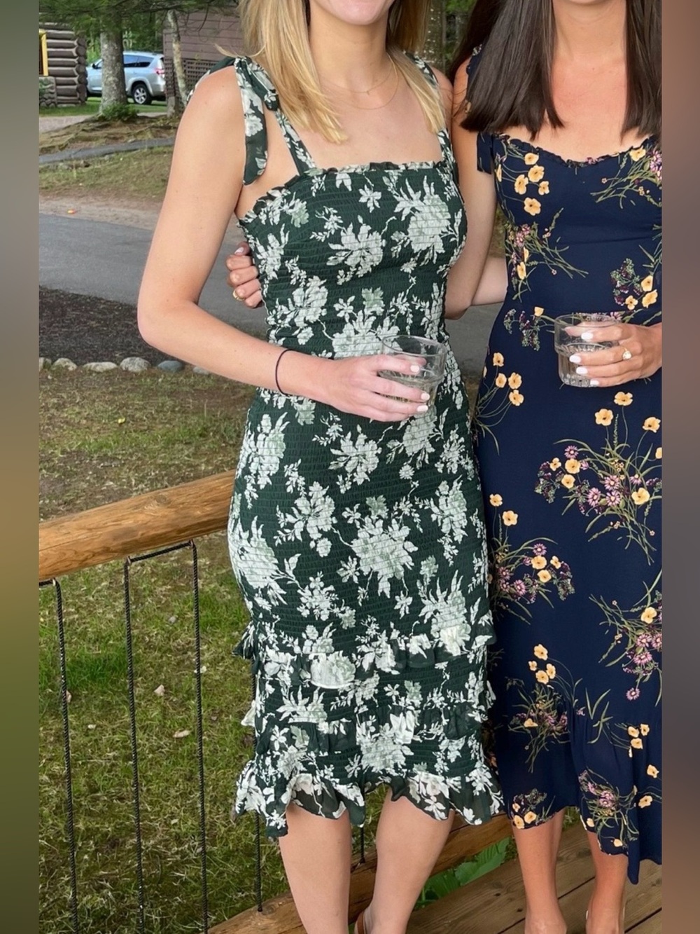Abercrombie & Fitch Dark Green Floral Tie-Shoulder Smocked Midi Dress